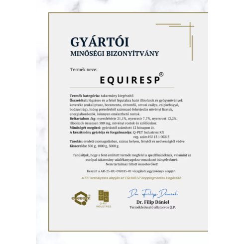 EQUIRESP – légúttisztító kiegészítő takarmány lovak részére, 1000 gramm